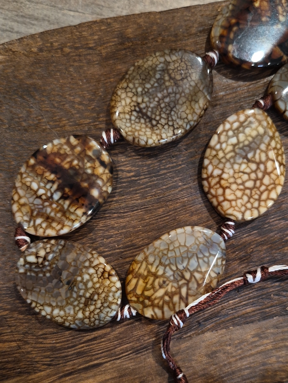 Earth Toned Polished Stone Beaded Cord Necklace, Lobster Closure, Extender - Picture 3 of 9